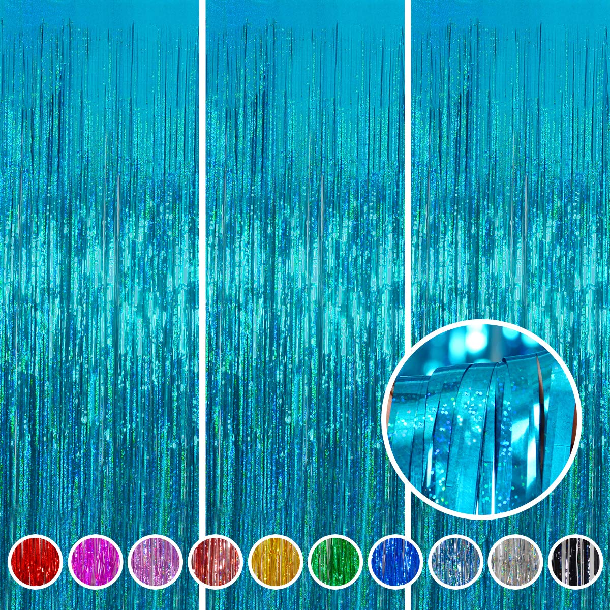 Photo 1 of Foil Fringe Curtains Party Decorations - Melsan 3 Pack 3.2 x 8.2 ft Tinsel Curtain Party Photo Backdrop for Birthday Party Baby Shower or Graduation Decorations April fool's Day Decorations Teal