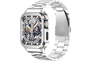 HEYZONE Metal Band Compatible with Apple Watch Band 44mm 45mm for Series SE/SE2 9 8 7 6 5 4,Stainless Steel iWatch Band with Bumper Case for Men,iWatch Strap with Metal Protective Cover