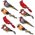 BANBERRY DESIGNS Feathered Song Bird Clip-On Ornaments - Set of 8 Assorted Styles of Birds with Metal Clips - Cardinals, Orioles, Finches and Chickadees Carrying Red Berries - Measures 4" W