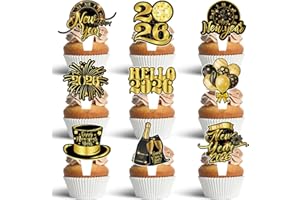 WUHUZSM 2026 New Year Cake Topper, 36Pcs Black Gold Elegant Cupcake Toppers for New Year's Eve Party Decoration Supplies