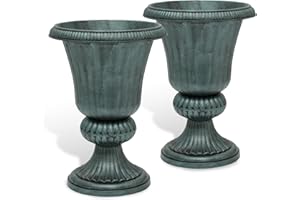 Athena Collection 20''H Bronze Garden Plastic Urn - Vintage Tall Large Planter for Indoor Outdoor Patio Porch, 2 Pieces Flower Pot, Dark Green