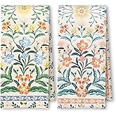 ArtisaEura Vintage Boho Floral Kitchen Towels Set of 2, Retro Oriental Traditional Flower Dish Tea Towels for Kitchen Decor, Pink and Blue Floral Decorative Hand Towels for Bathroom Decor, 16x24 in
