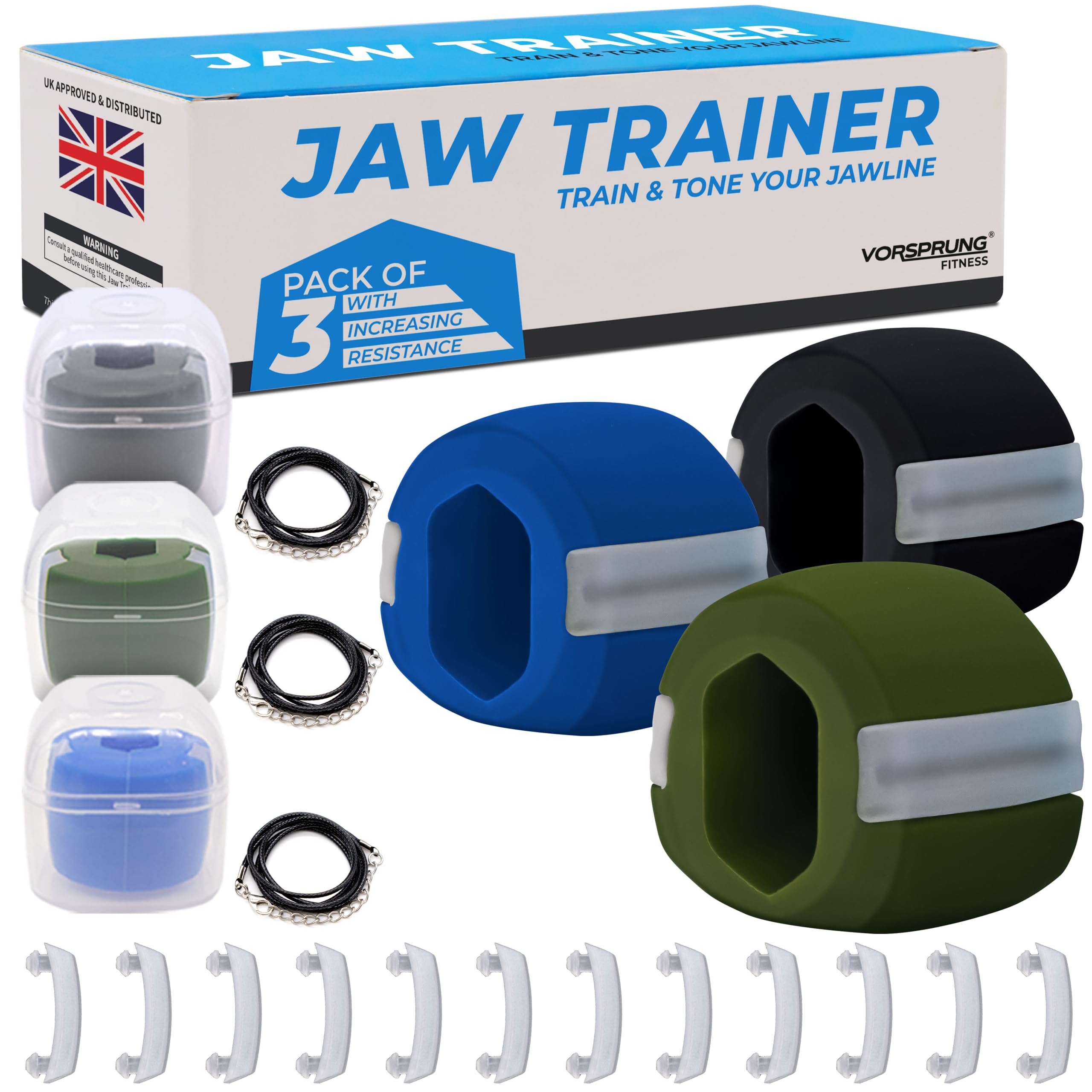 VORSPRUNG®Jaw Exerciser, Trainer to Achieve a Sharper Jawline with Three Levels of Resistance - Jaw Trainer for an Enhanced Facial Definition - Pack of 3 with FREE Biting Strips & 3 Necklaces