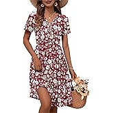 WNEEDU 2026 Summer Dress for Women V Neck Button Down Elastic Waist Sundress Casual Short Sleeve Midi Dresses with Pockets