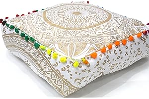 CRAFT KALA Gold Large Hippie Mandala Meditation Floor Ottoman Pillow Cushion Pouf Cover Square Poufs Bohemian Circle Floor Cushion Case Outdoor Fireplace Yoga Living Room Decor Cover 16" Square