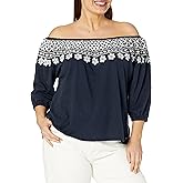 Tommy Hilfiger Women's Off Shoulder Floral Neckline 3/4 Sleeve Shirt