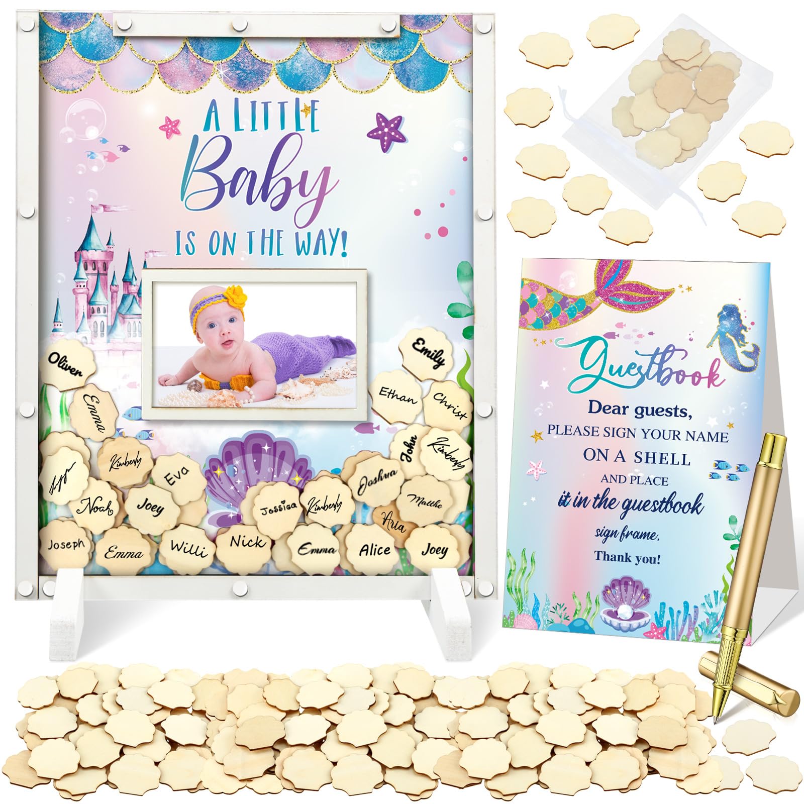 Photo 1 of Beeveer 65 Pcs Mermaid Baby Shower Guest Book Alternatives He or She Gender Reveal Baby Shower Decorations Sign 