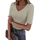 ANRABESS Womens Half Sleeve Tops V Neck Ribbed Knit Slim Fit Basic T Shirts 2026 Summer Casual Tees Spring Trendy Clothes