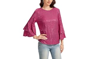 LADI TREND Full Sequin Tops for Women Glitter Party Shirt 3/4 Sleeve Sparkle Blouses Loose Shimmer Tunic Shirts