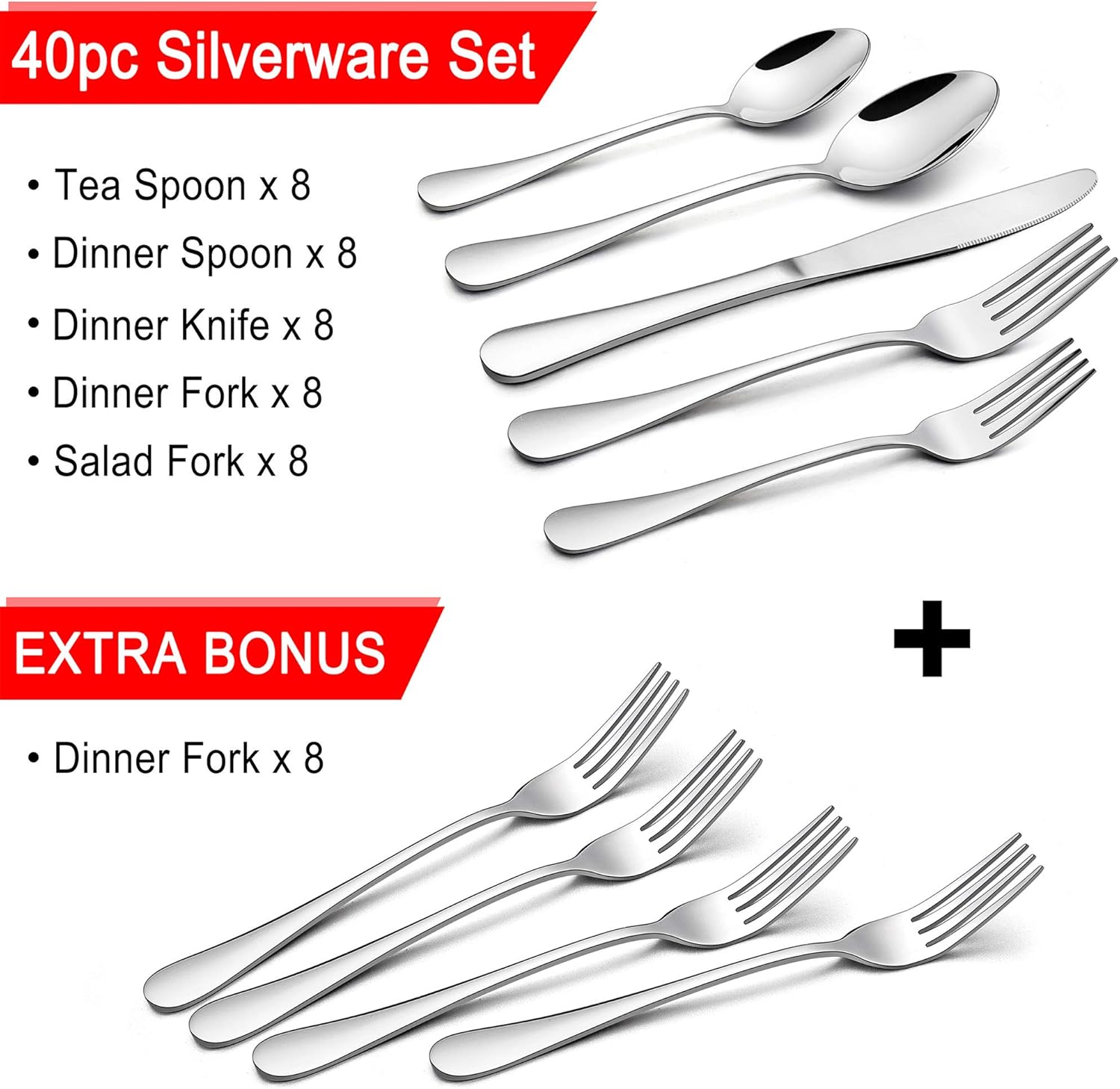  | LIANYU 48-Piece Silverware Set with Extra Forks, Stainless Steel Flatware Cutlery Set for 8, Eating Utensils Tableware, Dishwasher Safe, Mirror Finish: Flatware Sets