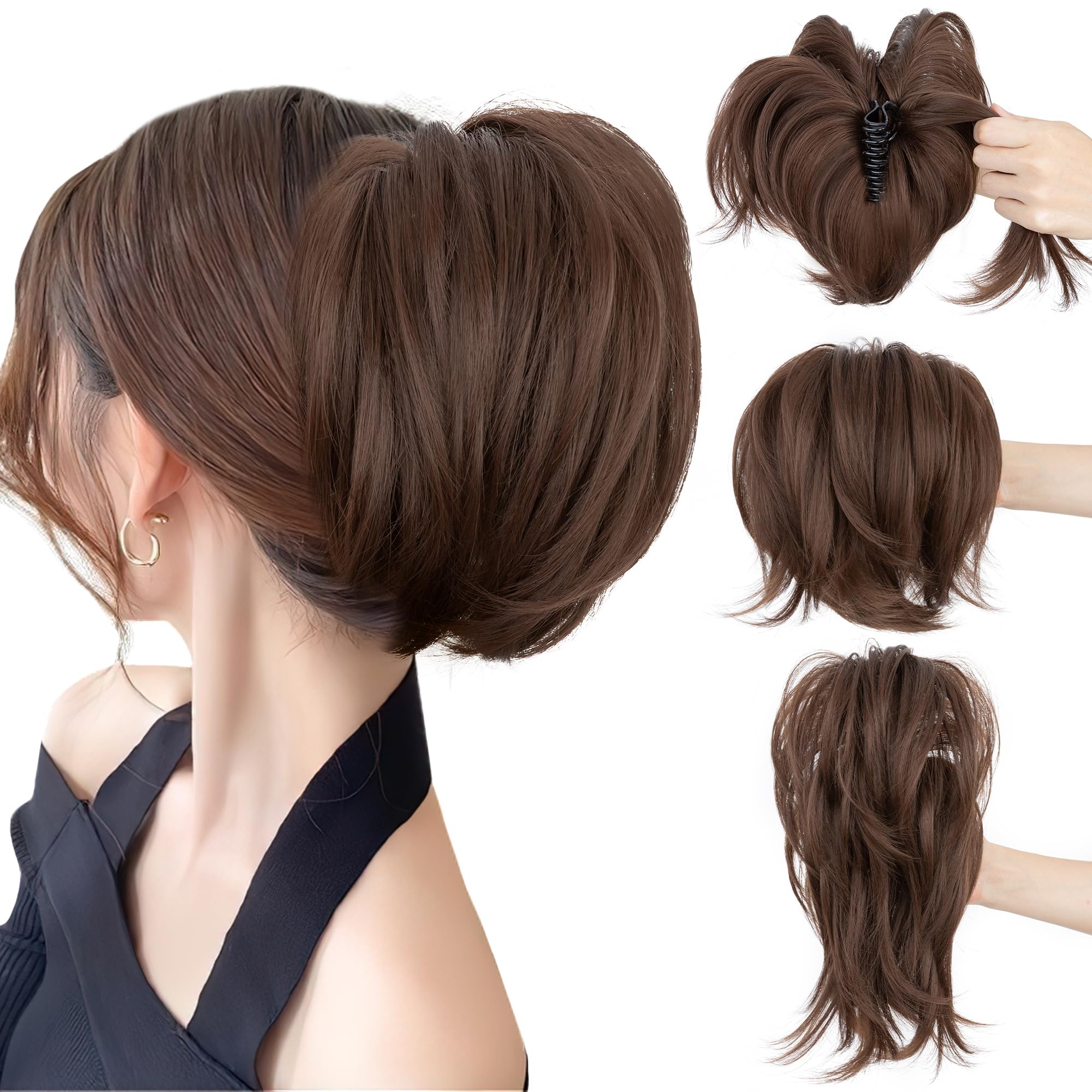 SEGO Messy Bendable Claw on Ponytail Hairpiece Synthetic Fluffy Hair Extension Clip in Jaw with 4 Bendable Metals, Chocolate Brown