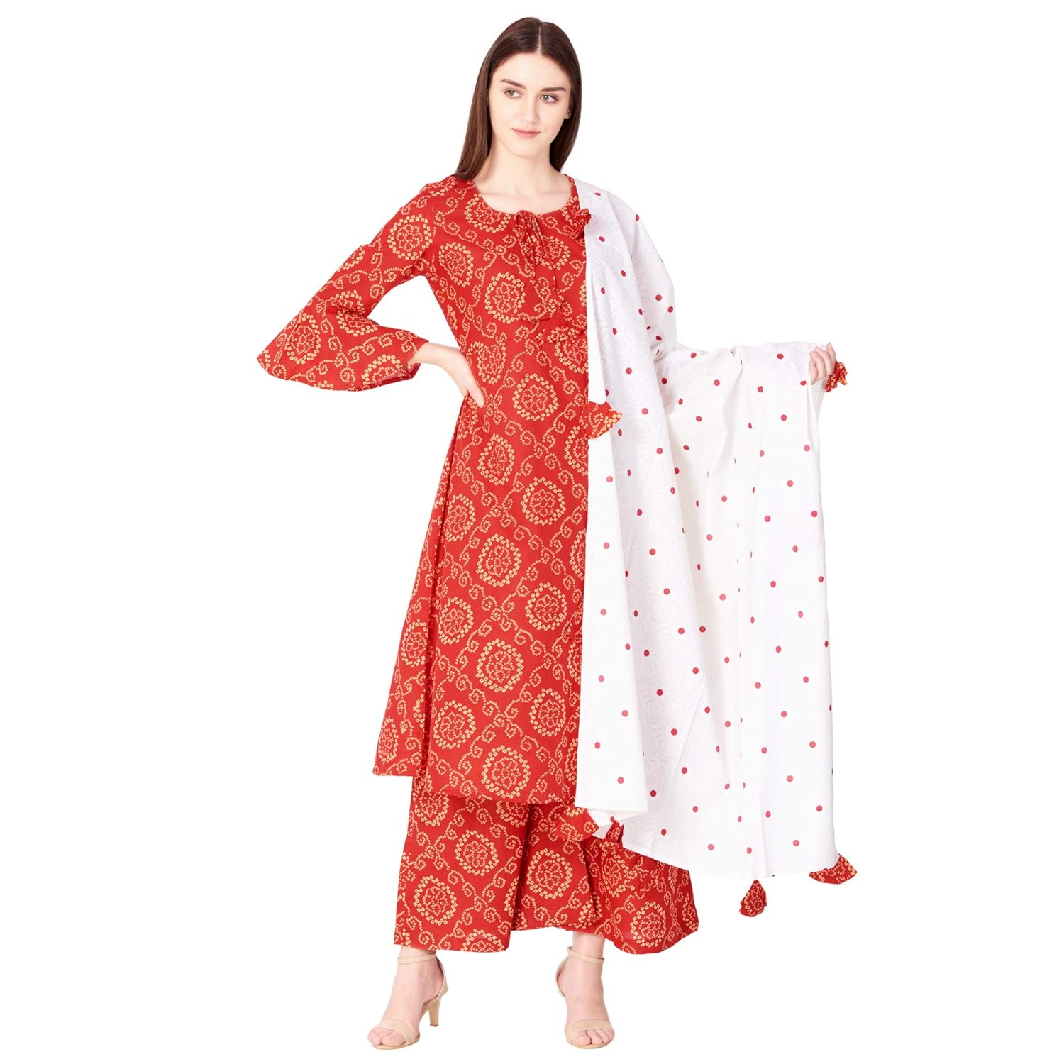 ortange readymade women's cotton kurta, palazzo with printed dupatta set