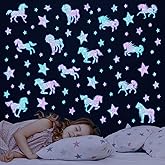 Glow in The Dark Unicorns Wall Decals Unicorns Star Wall Stickers for Baby Girls Bedroom Blue Luminous Glow Stars Ceiling Stickers for Baby, Birthday Present for Baby Boys
