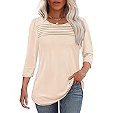 OFEEFAN Womens Tops 3/4 Length Sleeve Blouses Dressy Casual Spring Summer Fall Outfits Pleated Front T Shirts Curved Hem