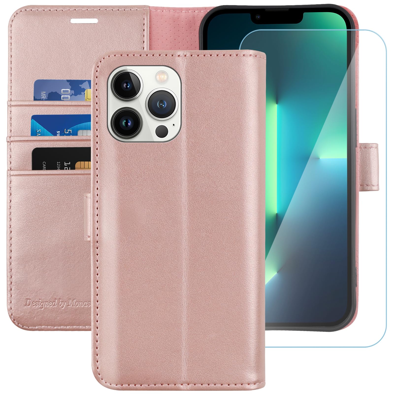 MONASAY Wallet Case for iPhone 13 Pro Max 5G,6.7-inch[Glass Screen Protector Included] [RFID Blocking] Flip Folio Leather Cell Phone Cover with Credit Card Holder,Rosegold