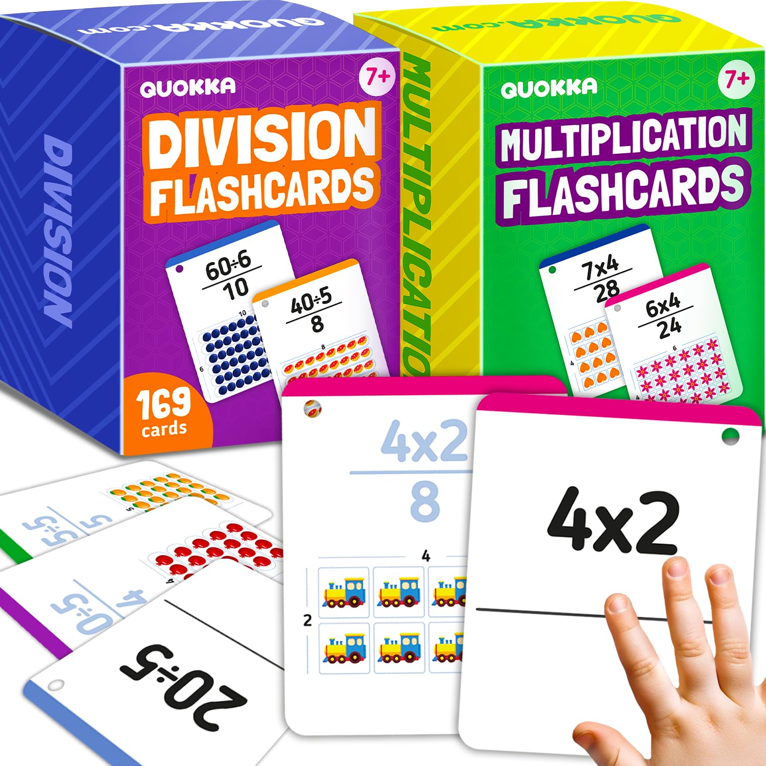 QUOKKA Multiplication & Division Flash Cards Set for Kids Ages 4-8 – 338 Jumbo Math Flashcards with Visual Aids, Sorting Rings & Reference Cards – Math Games for Kids 1st to 3rd Grade Classroom & Home — image 1