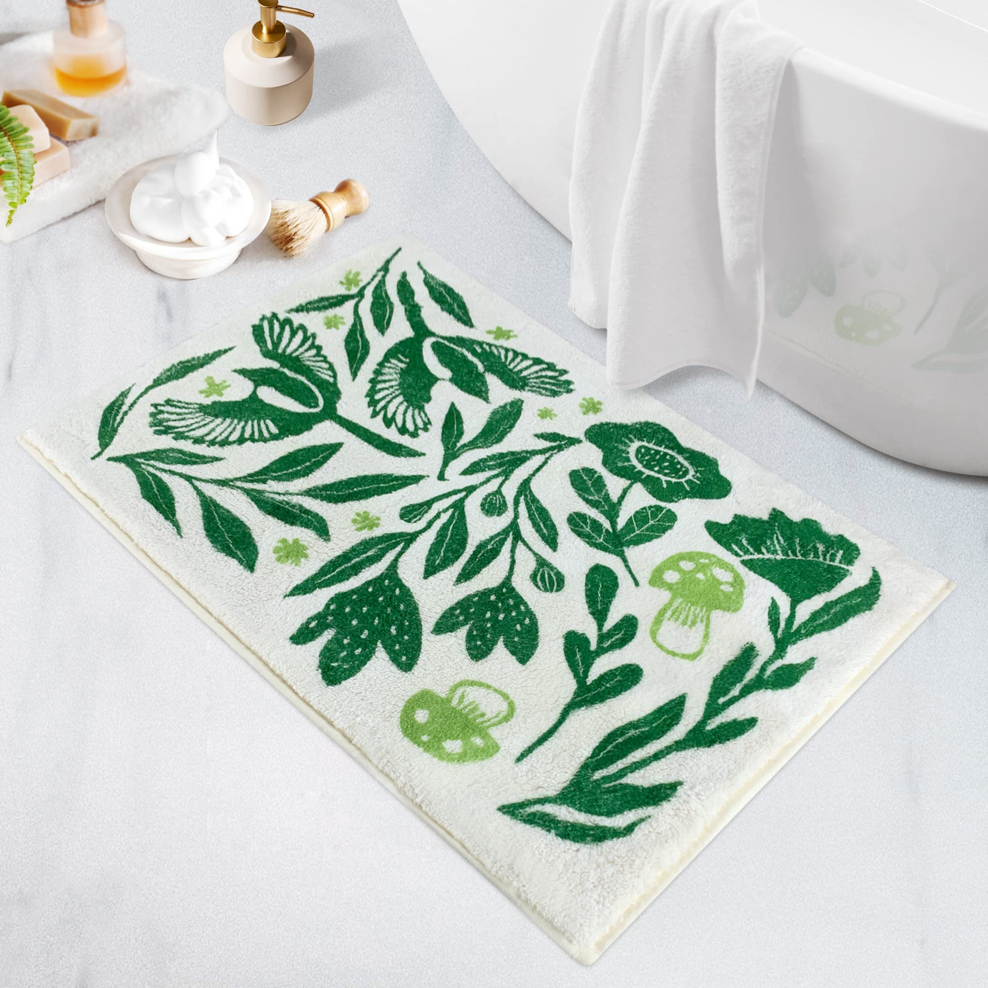 Photo 1 of SHIYUE Green Bathroom Rugs Bath Mat, Microfiber Fluffy Soft Floor Mats for Bathroom, Non-Slip and Waterproof Back Soft Bathmat, for Indoor Shower Bathtub Decoration (Cute Flowers Birds 18x26in)
