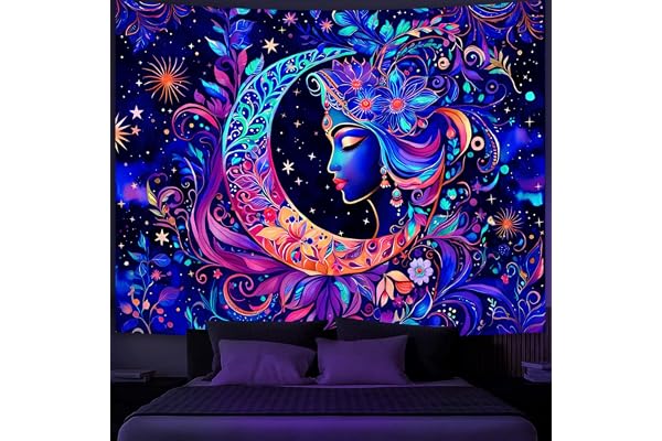 Simpkeely Blacklight Moon and Star Tapestry, Elegant Goddess UV Reactive Sun Mandala Wall Hanging Tapestries, Colorful Boho A