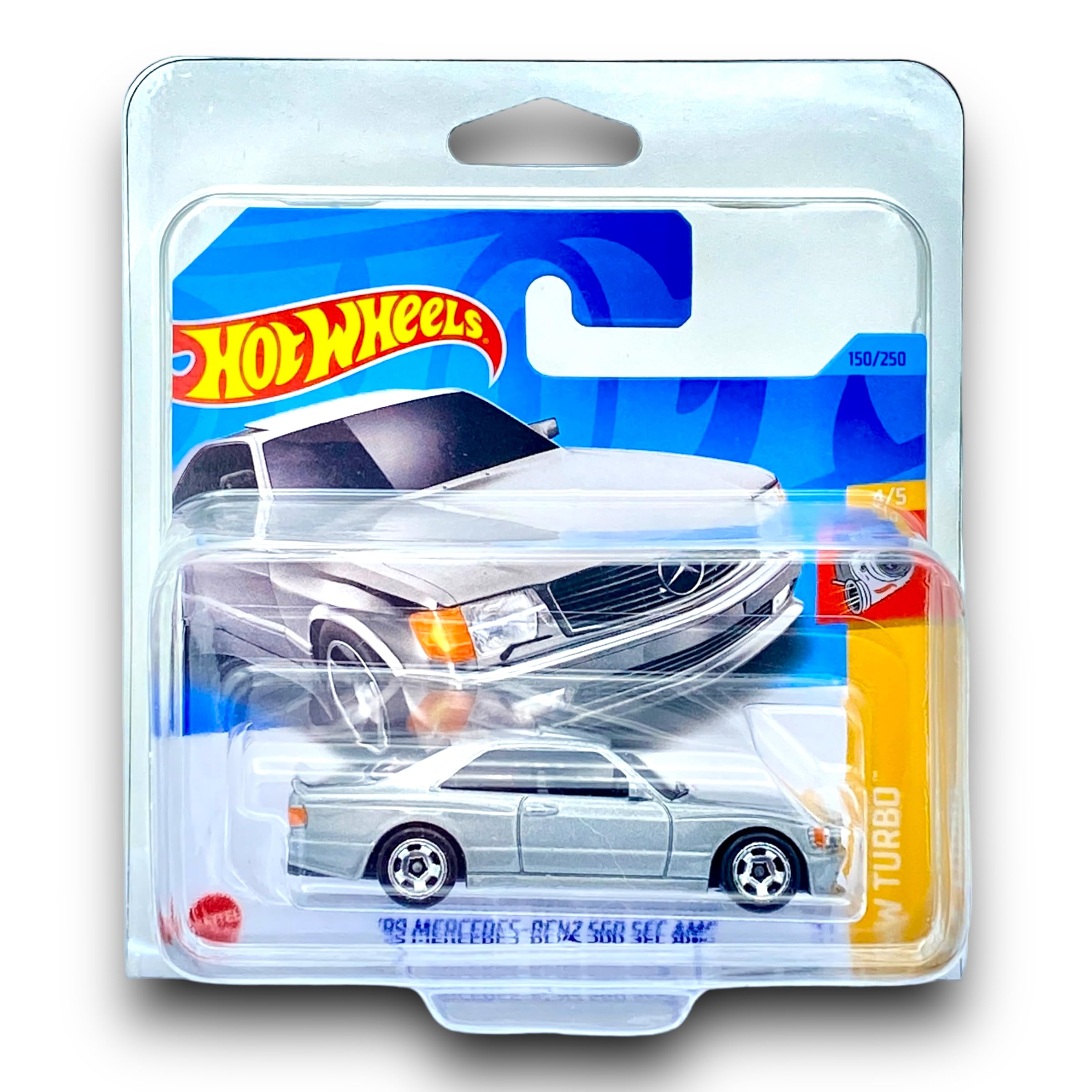Hot Wheels '89 Mercedes-Benz 560 SEC AMG (Silver) - 4/5 HW Turbo - 2023-150/250 (Short Card) - COMES IN A KLAS CAR KEEPER PROTECTOR COLLECTORS CASE - HKK85