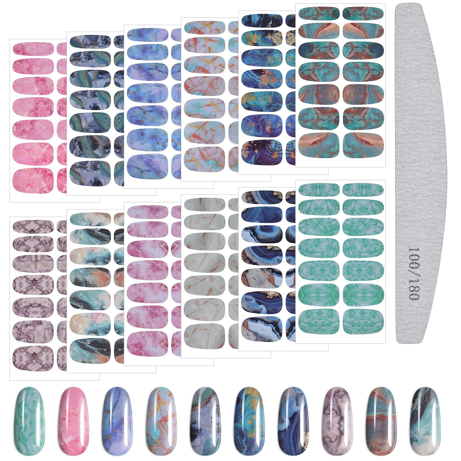 Kalolary 12 Sheets Gradient Marble Full Nail Stickers - Self-Adhesive Art Decal Strips With Glass File for Women Girls Decoration