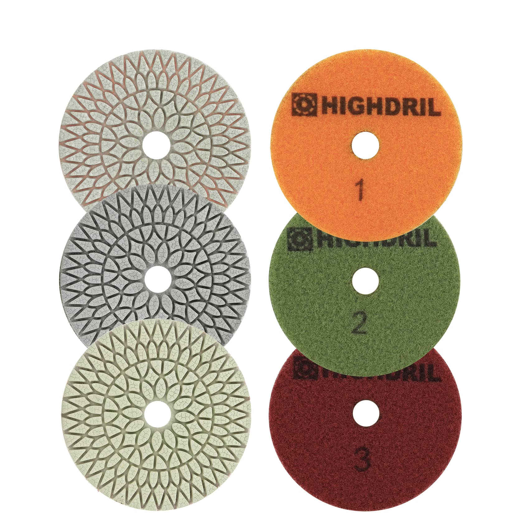 HIGHDRIL Dry/Wet Diamond Polishing Pad Set - 6Pcs/2Sets 4inch 3 Step Sanding Pads(#100x2#400x2#1500x2) for Granite Marble Artificial Stone