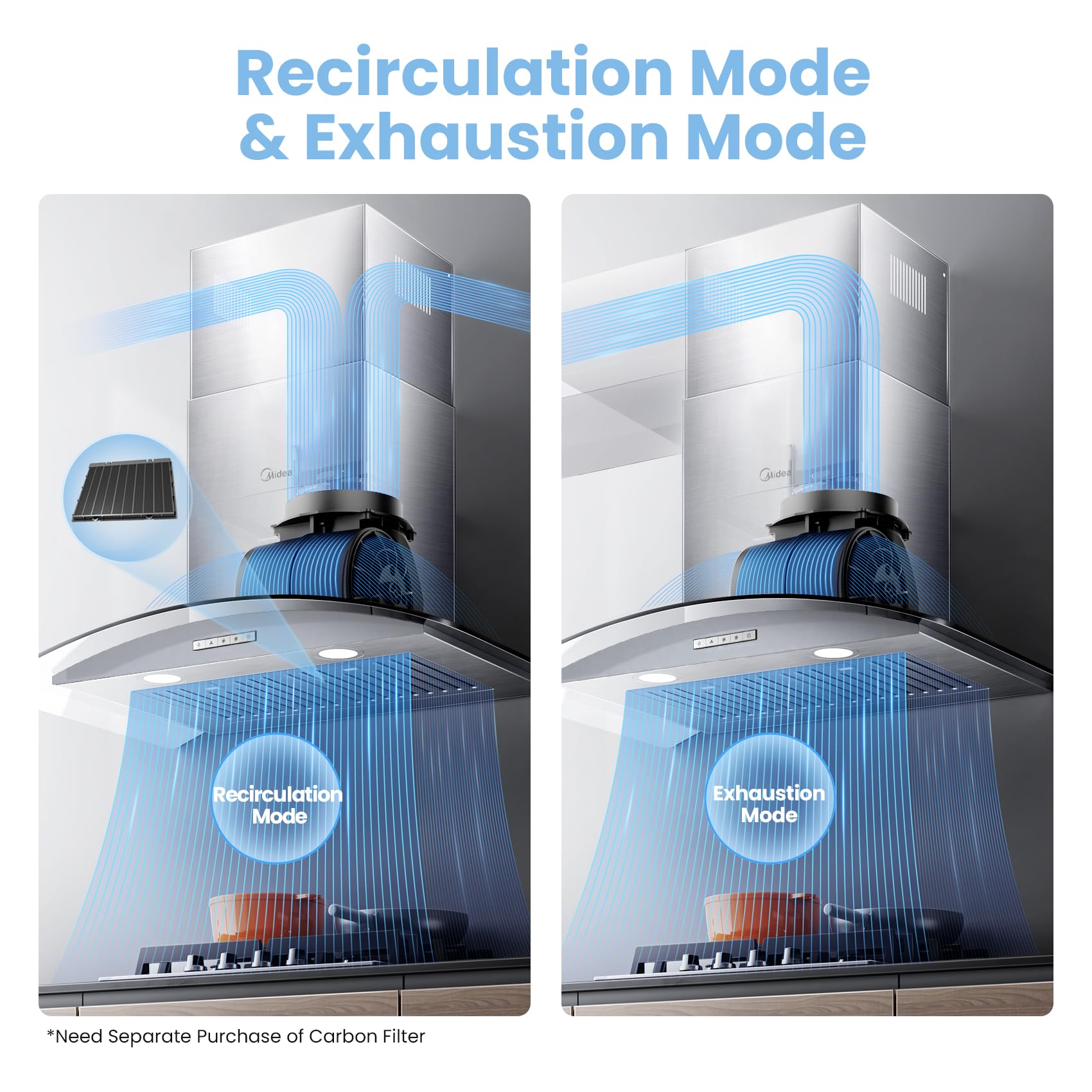 Midea Range Hood 30 Inches Ducted Wall Mount Vent Range Hood with 450 CFM 3 Speed Exhaust Fan, Baffle Filters, Curved Glass, 2 LED Lights, Convertible to Ductless, Stainless Steel