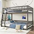 Full XL Over Queen Bunk Bed for Kids/Adults,Queen Size Floor Bunk Beds with Inclined Ladder,Solid Wood Low Bunk Bed,Detachable Bunk Beds for Teens,Girls,Boys(Gray)