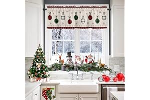 VANDARLLIN Christmas Valance Kitchen Curtains for Windows, Vintage Buffalo Plaid Christmas Balls Rod Pocket Valances Window Treatments Farmhouse Short Curtains For Bedroom/ Living Room, 54" X 18" -1 Panel