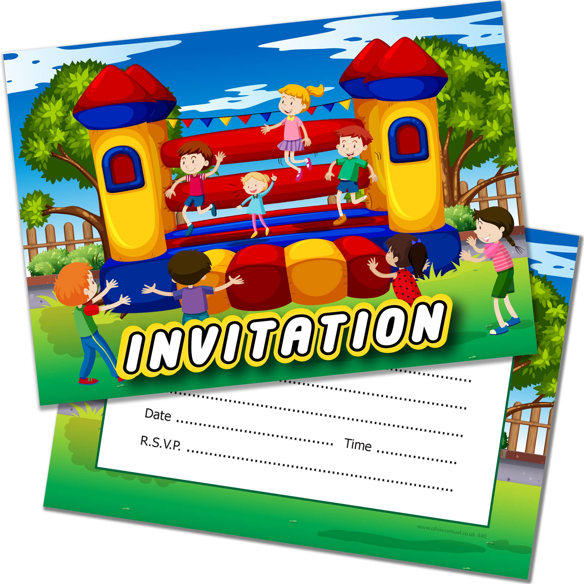 20 x Bouncy Castle Kids Birthday Invitations - A6 Double Sided Cards with Envelopes. Designed and Printed on the UK