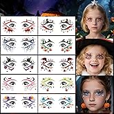 Halloween Temporary Tattoos Colorful Eye Fake Tattoos Halloween Styles Mixed Haunted House Tattoos Waterproof Cobweb Pumpkin Tattoo Cute Ghost Stickers for Kids Body Art Makeup 10 Sheets