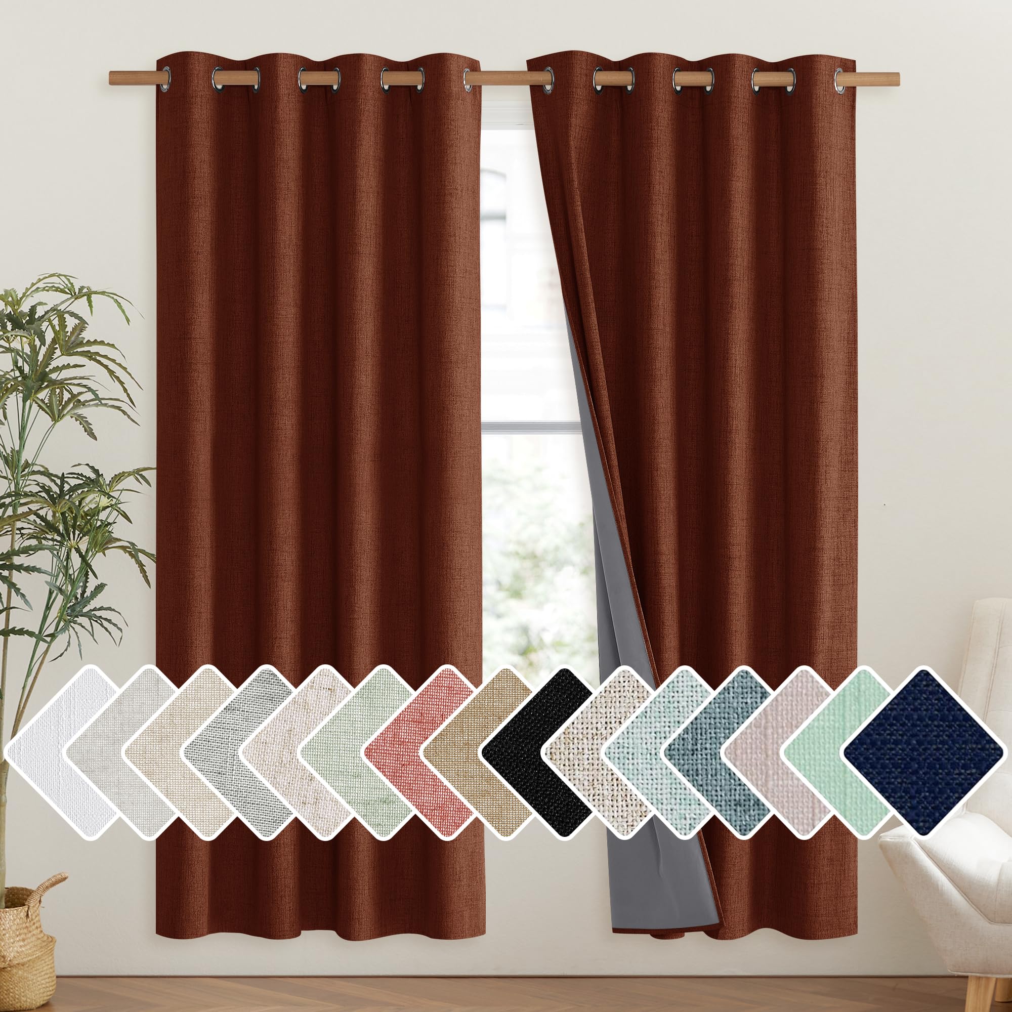 Photo 1 of NICETOWN 100% Absolutely Blackout Linen Curtains with Thermal Insulated Liner, 52" Wide, 2 Panels, 72" Long Drapes, Grommet Retro Burnt Orange Linen Curtains Vertical Drapes Privacy for Bedroom