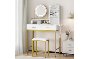 Makeup Vanity Desk with Mirror and Lights, 3-Color LED Vanity with 360° Rotating Mirror, Power Outlet, 2 Drawers & Stool, for