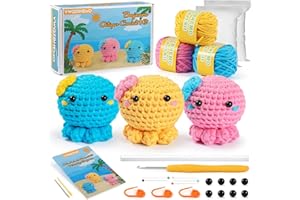 YWQZBHEMO Crochet 3 Colored Octopus Kit for Beginner/Experts, DIY This All in One Crochet Set for Starter, Kids Includes Enough Yarn, Hook, Accessories