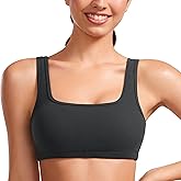 CRZ YOGA Ribbed Sports Bras for Women - Square Neck Wireless Padded Bra Low Coverage Yoga Crop Top