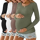 Oakgarden 4 Pack Women's Ribbed Maternity Shirts, Scoop Neck Long Sleeve Knit Pregnancy Tops Slim Basic Tee Clothes