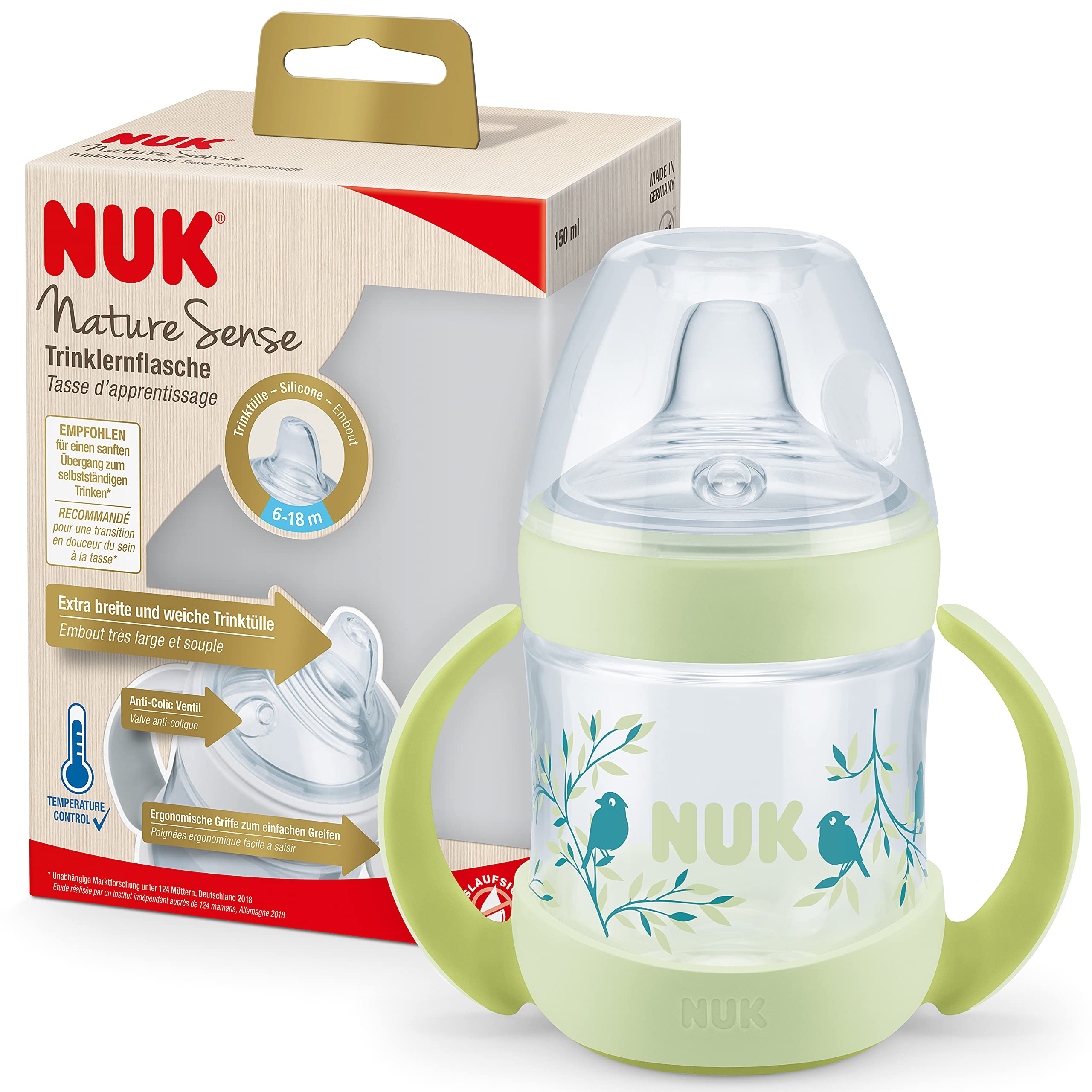 NUK Nature Sense Learn-to-Drink Bottle | 6-18 Months | Temperature Control Indicator | 150ml | Anti-Colic Valve | Leak Proof Silicone Spout | BPA | Green