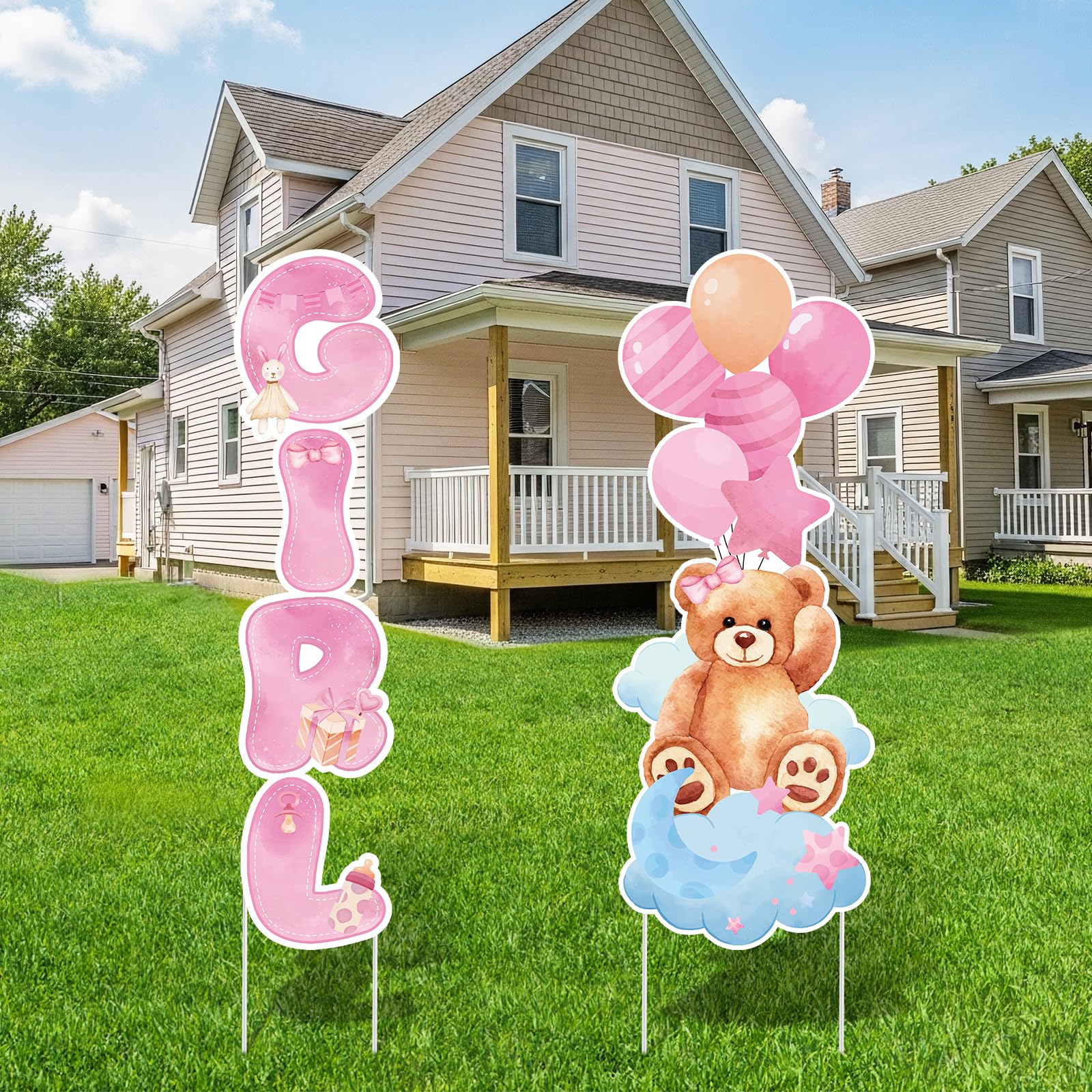 Photo 1 of 2 Sets Baby Shower Plastic Yard Sign with Stakes Gender Reveal Outdoor Decorations Pink Bear Girl Lawn Sign Newborn Welcome Sign for Girl Gender Reveal Party Supplies