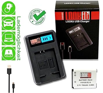 Set LCD Ladegerät + 1x LOOKit Markenakku EN-EL19 - für Nikon W100, Nikon A100, Nikon A300 Nikon S7000 Nikon S33 Nikon S3700 N