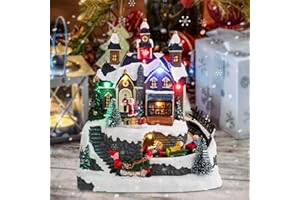 WONDER GARDEN Christmas Village Houses-Christmas Houses - Colorful Music Snow Villages Figurine with Tree,Rotating Railway Train,Santa and Led Lights for Home Decor or Gift