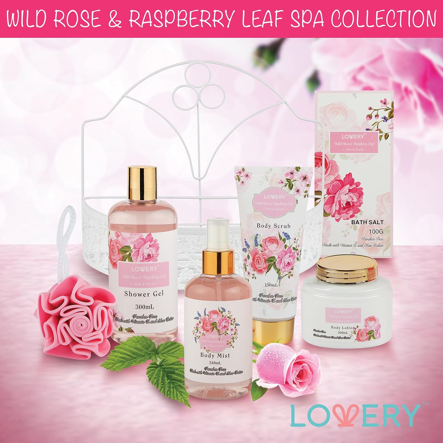 Home Spa Gift Basket - Wild Rose & Raspberry Leaf Scent - Luxurious 7 Piece Bath & Body Set For Men/Women, Contains Shower Gel, Body Lotion, Body Scrub, Bath Salt, Body Mist, Bath Puff & Shower Caddy : Beauty