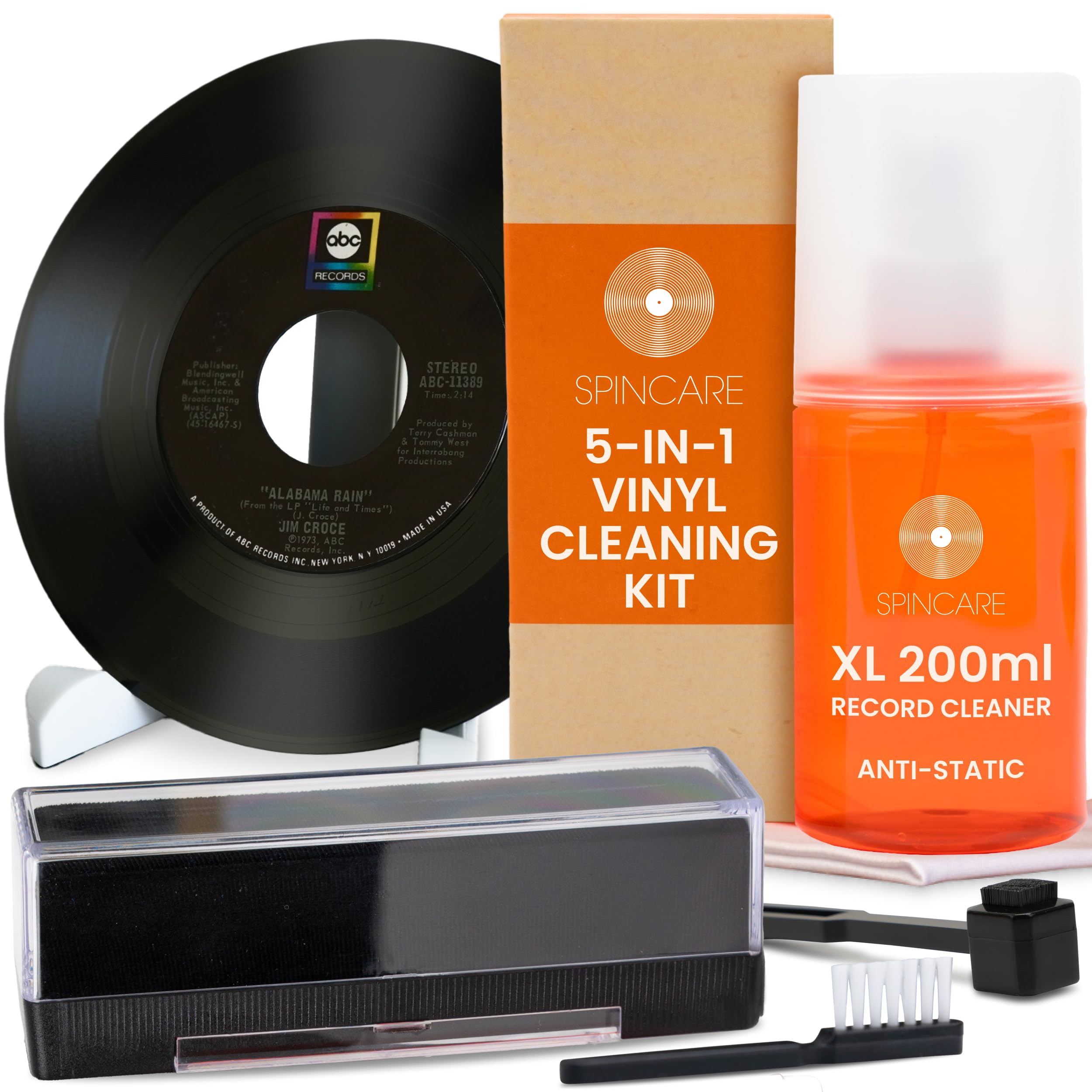 SPINCARE Vinyl Record Cleaning Kit: 5-in-1 LP Cleaner Set with Anti-Static Solution, Record Brush, Stylus Brush, Microfibre Cloth, Drying Rack