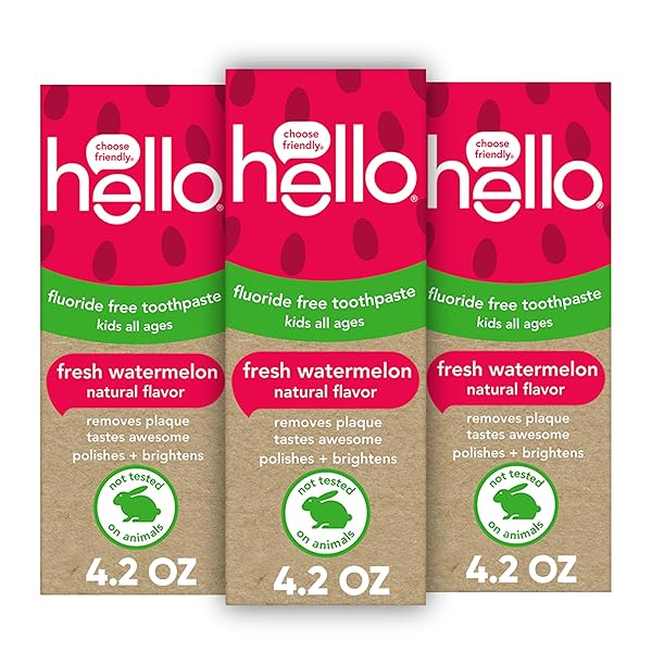 HELLO NATURAL WATERMELON FLAVOR BABY & KIDS FLUORIDE FREE TOOTHPASTE, VEGAN, SLS FREE, GLUTEN FREE, SAFE TO SWALLOW FOR BABY AND TODDLERS, 4.2 OUNCE (PACK OF 3)