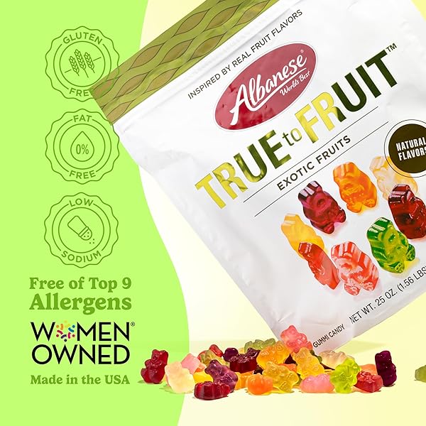 ALBANESE WORLD’S BEST TRUE TO FRUIT EXOTIC FRUITS | 25OZ BAG OF CANDY | 8 NATURAL FLAVORS AND COLORS, SOFT GUMMY BEARS | FUJI APPLE AND MORE | TASTES LIKE REAL FRUIT PICKED AT THE PEAK OF RIPENESS