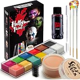 Spooktacular Creations 8 PCS Halloween Makeup Kit SFX Face Body Paint Set with Wound Scar Wax,12 Colors Face Paint Palette,Fake Blood,Spatula,Brushes for Halloween Costume,Zombie Makeup Dress Up