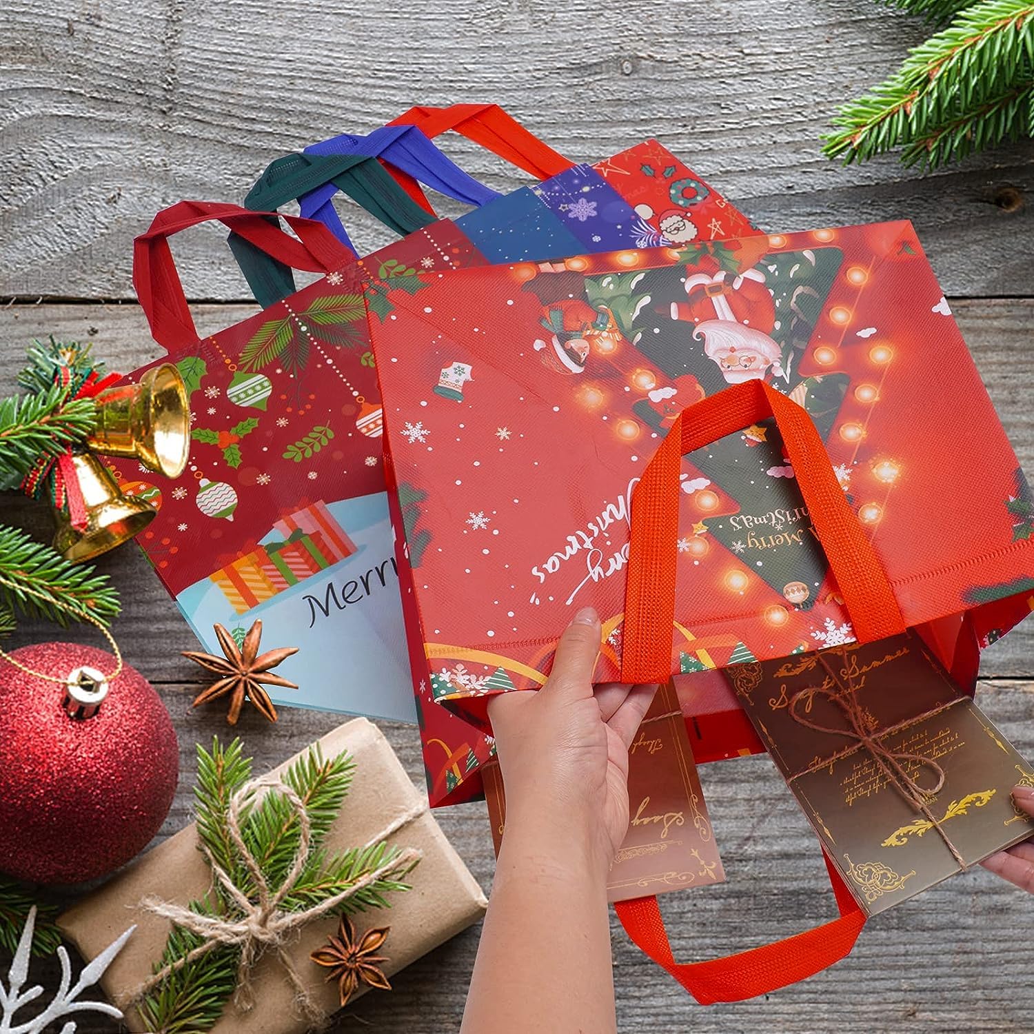 Heetobcos 12 Pack Christmas Gift Bags Large Reusable Tote Bags, Non-Wove Bags for New Year's Shopping, Christmas Surprise, Xmas Party Supplies,12.8