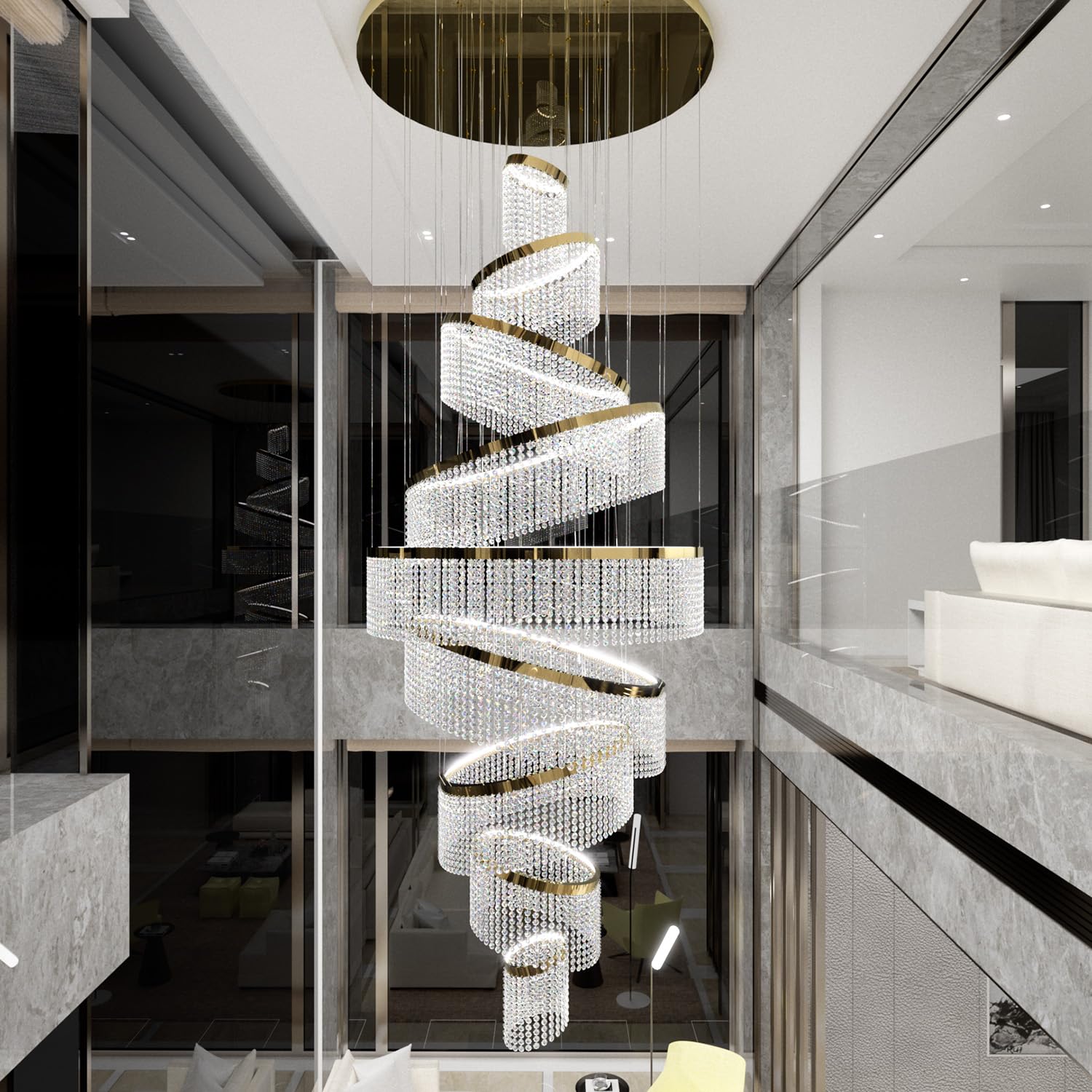 Photo 1 of Flashing God H120'' Large 9-Tier Crystal Chandelier for High Ceiling Modern K9 Crystal Raindrop Gold Chandeliers Lighting Round Ceiling Light Entryway Staircase Foyer Villa LED Dimmable 2700-6000K