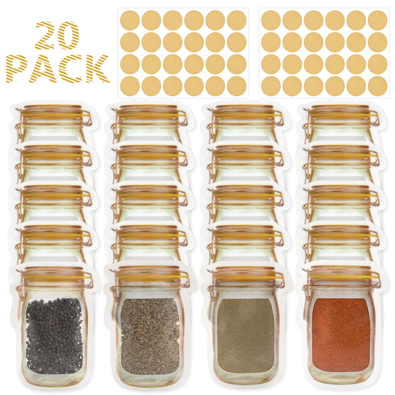 Mlife Spice Storage Bags - 20 PCS Small Mason Jar Spice Jars with 48 PCS Spice Labels, Snack Saver Container Leak-Proof Zip-Lock Bags for Travel, Camping, Picnic