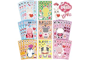 SILKTEM 24 Sheets Valentine Stickers for Kids - Make a Face Stickers, Make Your Own Valentine Animal Stickers, Valentine Crafts Party Supplies Valentine Gift