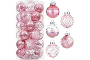 KRISDECOR 30ct Christmas Ball Ornaments-60mm/2.36" Shatterproof Clear Plastic Xmas Balls Baubles Set with Stuffed Delicate Sparkling, Hanging Christmas Tree Decorations (Pink)