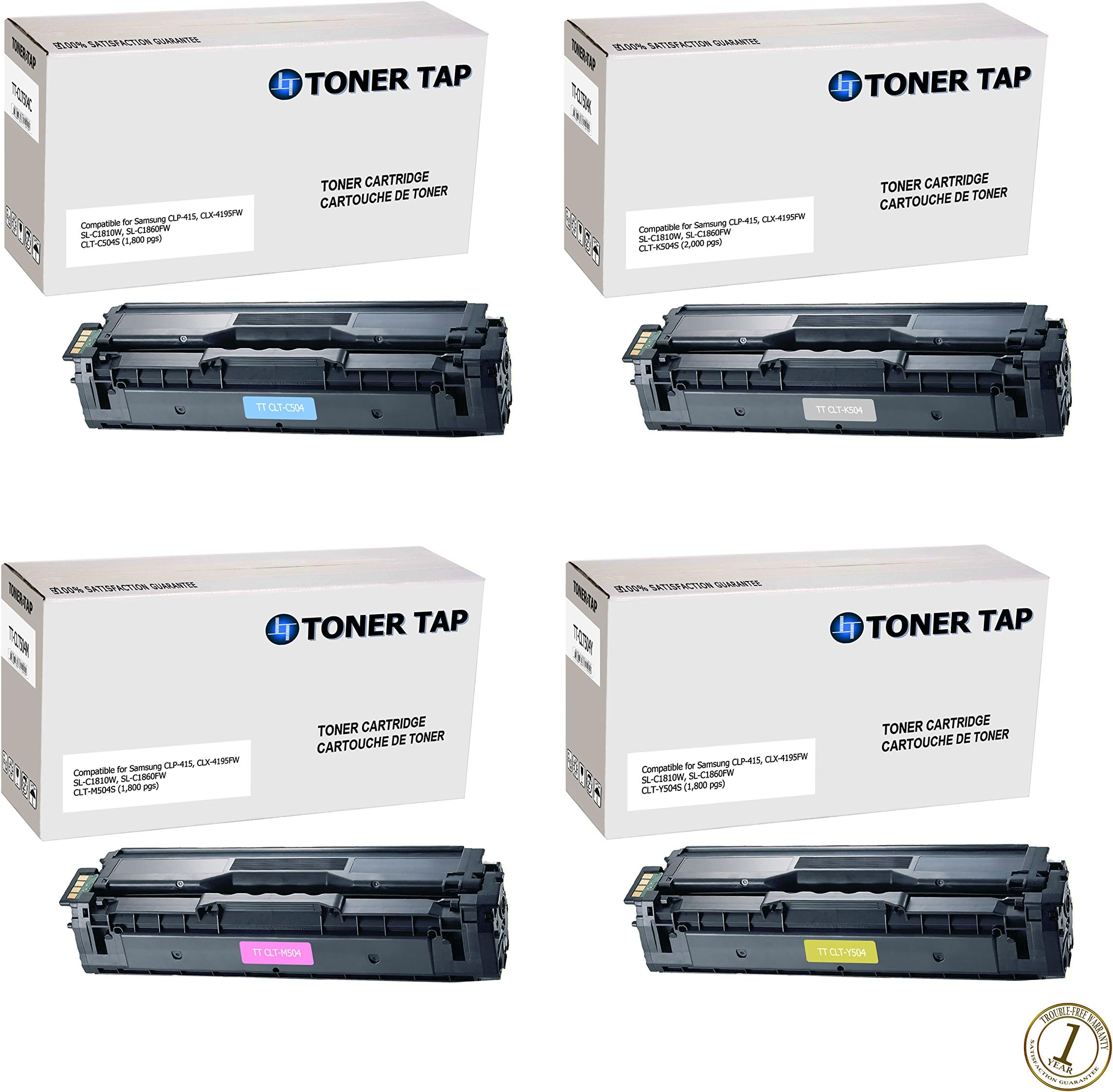 Toner Tap Compatible Toner Set for Use In Samsung CLP-415N, CLP-415NW, CLX-4195FW, SL-C1810W, and SL-C1860FW Printers, For Samsung CLT 504 (CLT-K504S/ CLT-C504S/ CLT-M504S/ CLT-Y504S)